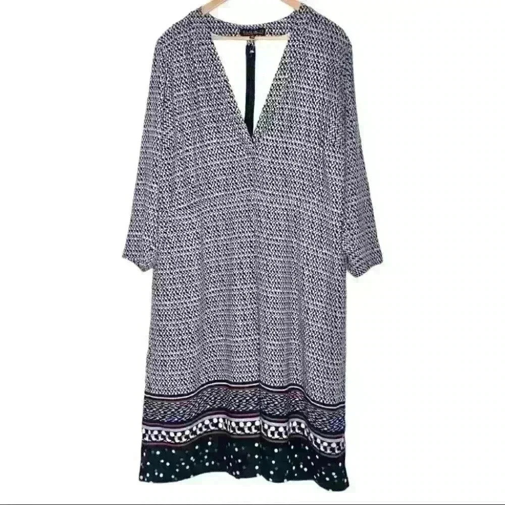 Eloquii black, cream purple geo printed v neck 3/4 sleeve midi dress 22 pockets
